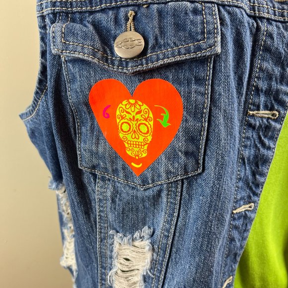 Distressed Denim Vest - One of A Kind - Customized with Day of the Dead Skulls - Picture 8 of 13